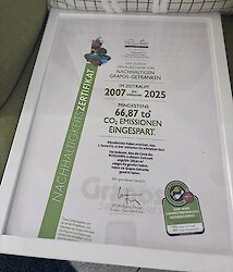 Nachhaltigkeitszertifikat für eingesparte CO2-Emissionen durch den Ausschank nachhaltiger Grapos-Getränke